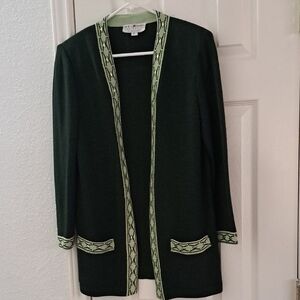 St. John Forest Green Cardigan with Light Green Trim Sz 2